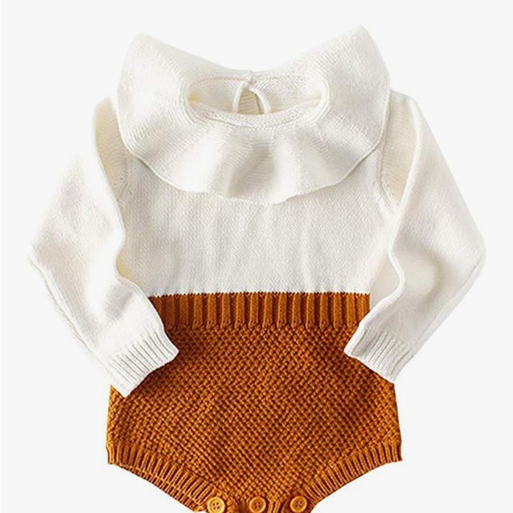 Fall Halloween Cream and Brown Toddler Ruffle Romper Knit Flutter Collar 3-6 Mo